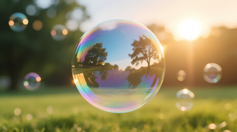 夕阳下折射彩虹的梦幻肥皂泡