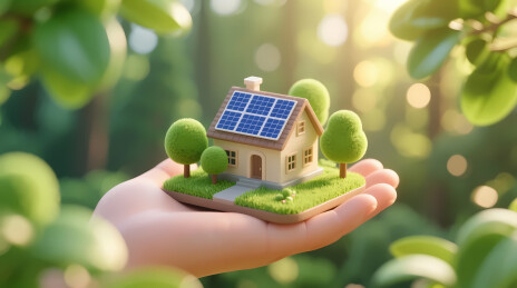 手掌托举太阳能小屋模型