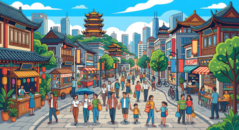 传统古街与现代城市融合的热闹街景