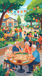 社区老人庭院打麻将休闲聚会