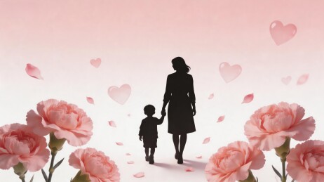 母子牵手行走花间