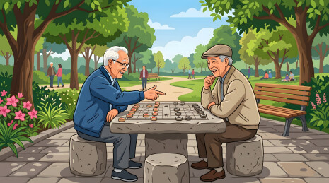 两位老人公园石桌对弈象棋