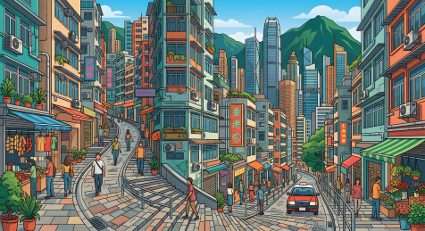 彩色山城街景插画行人穿梭商铺林立