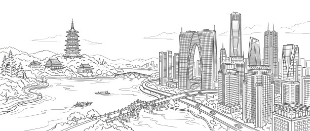 现代都市与古塔山水线稿景观