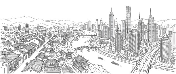 古今交融的城市天际线线稿图