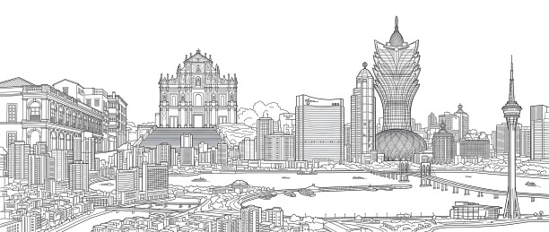 澳门城市天际线手绘线稿图