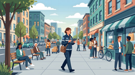 女警在城市街道巡逻使用平板记录