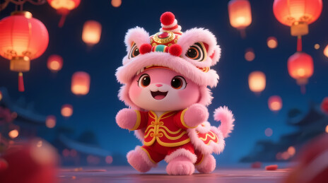 穿红衣舞狮帽的粉色小兽贺新年