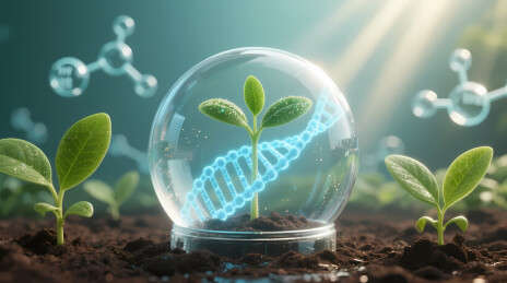 玻璃球内幼苗与发光 DNA 共生