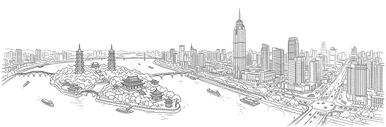 手绘城市天际线与古塔江景