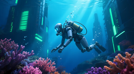 潜水员穿梭科幻珊瑚海底