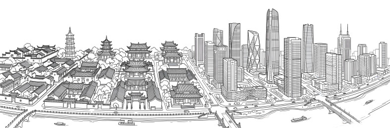 古今城市建筑线稿对比图