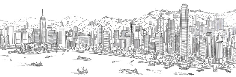 香港维多利亚港城市天际线素描全景