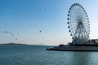 碧海蓝天海边巨型摩天轮与成群飞鸟海滨风景