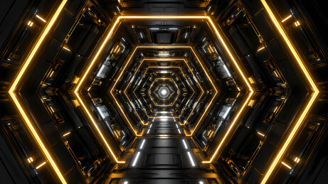 黑底金色六边形隧道3D渲染图