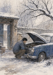 雪院男子蹲查蓝色老爷车