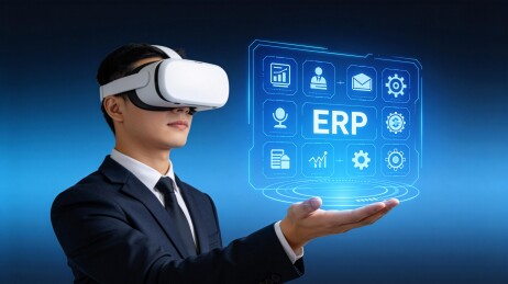 商务人士佩戴VR设备展示ERP系统