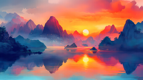 色彩斑斓的山湖日出倒影