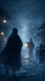 暴雪夜街灯笼迎客