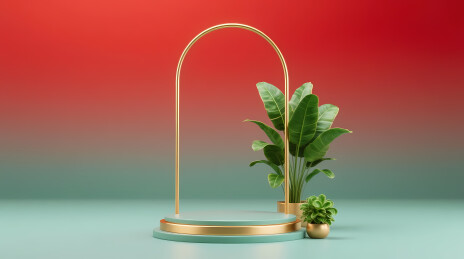 金拱绿植红绿渐变背景