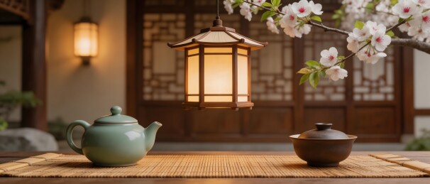 古风茶具与樱花静景