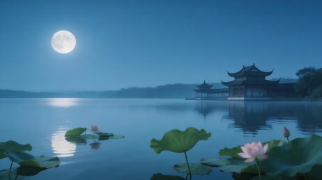 月夜湖光映古典亭台静谧景