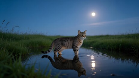 月夜水边站立的虎斑猫