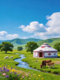 草原风光图，有毡房、牛羊和山丘