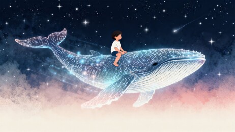星空巨鲸与小男孩梦幻治愈插画