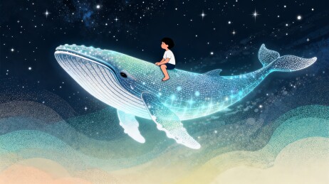 星空巨鲸与小男孩梦幻治愈插画