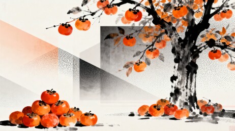 水墨国风柿子节气插画