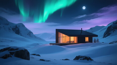 极光月夜下的温暖雪中小屋