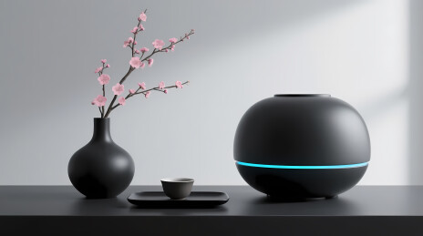 黑色球形音箱与花枝茶具静景