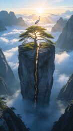 孤峰云海松鹤图