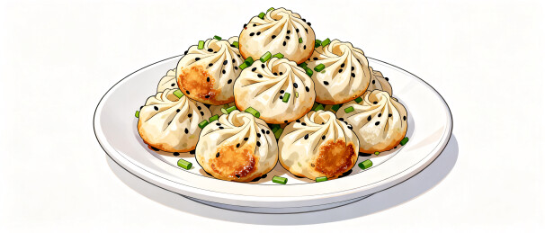 卡通插画一大盘美味生煎包特写