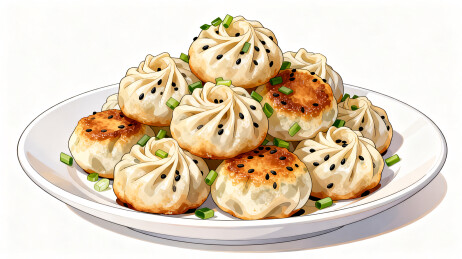 卡通插画一大盘美味生煎包特写