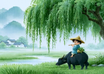 牧童骑牛吹笛雨中