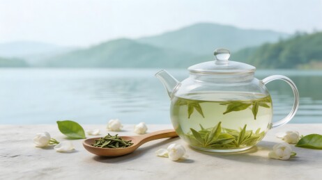 茶壶茶叶与湖景静物