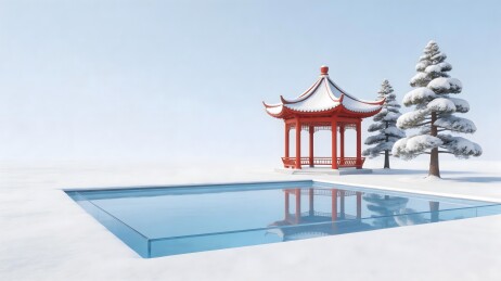 雪中红亭与松树静景