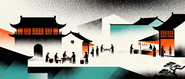 古街市井江南民俗扁平插画