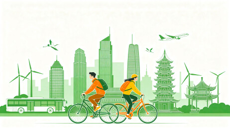 扁平插画绿色低碳城市骑行文明出行场景