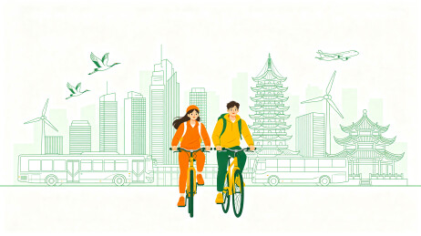 扁平插画绿色低碳城市骑行文明出行场景