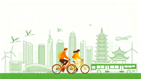 扁平插画绿色低碳城市骑行文明出行场景