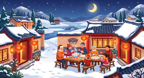 雪夜古村全家围坐吃年夜饭
