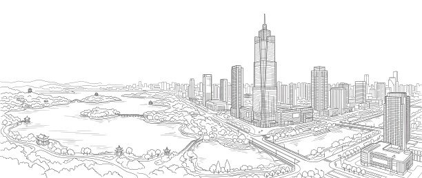 城市湖畔高楼线稿景观图