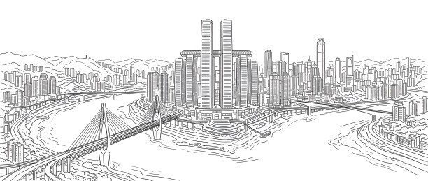 城市天际线与跨江大桥线稿图