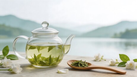 茶壶茶叶与山湖背景