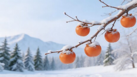 雪挂柿子冬日山景