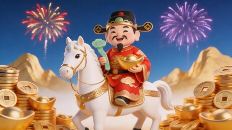 财神骑马手持金元宝烟花绽放