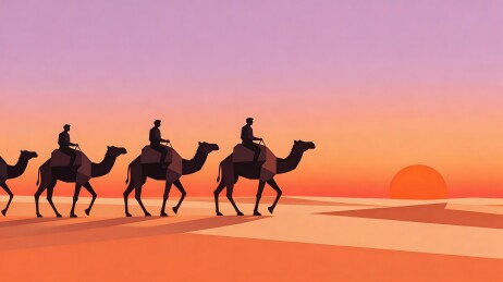 沙漠驼队夕阳行
